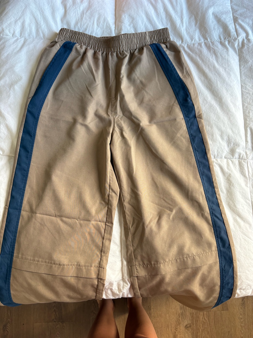 Tan Wide-Leg Track Pants with Navy Side Stripe